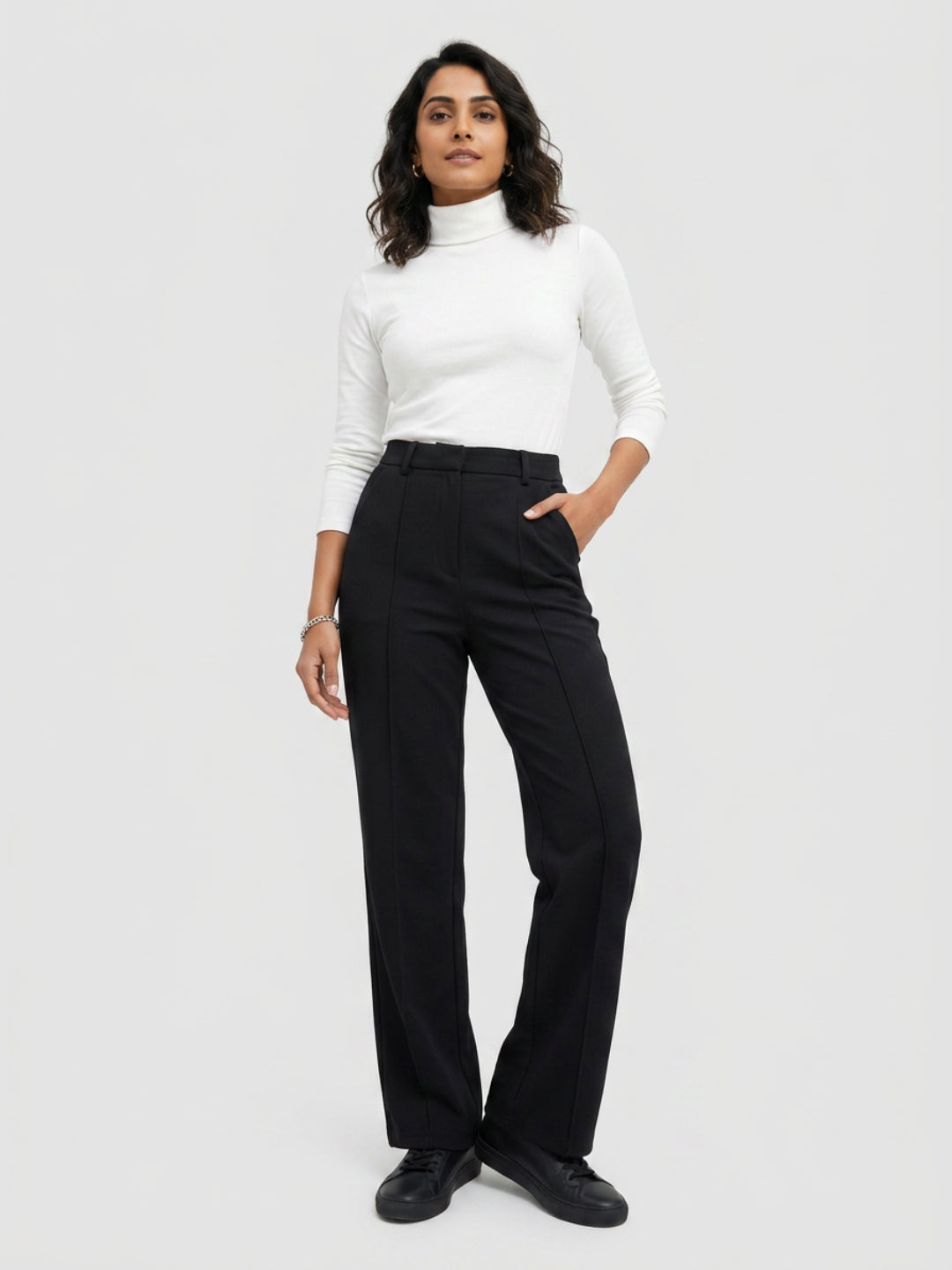 Women Trouser Straight Fit Black High Rise