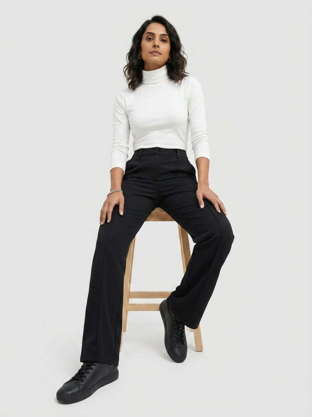 Women Trouser Straight Fit Black High Rise