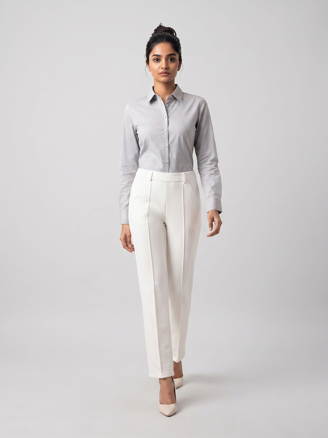 Women Trouser Straight Fit Off-White High Rise