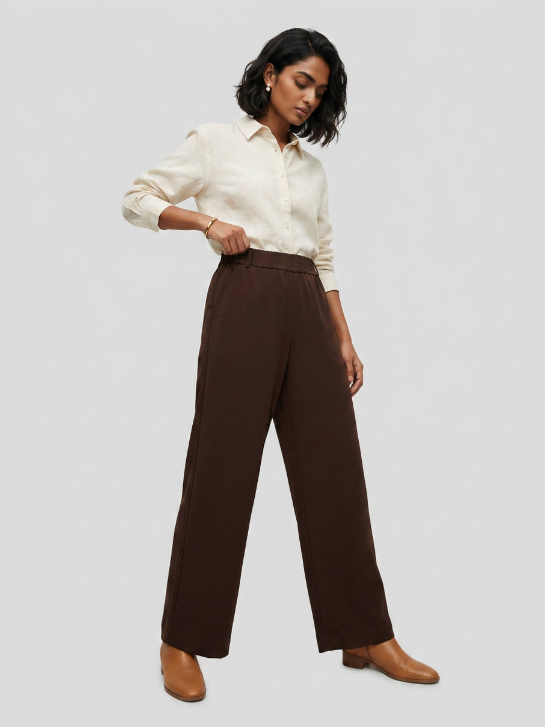 Women Trouser Straight Fit Brown High Rise