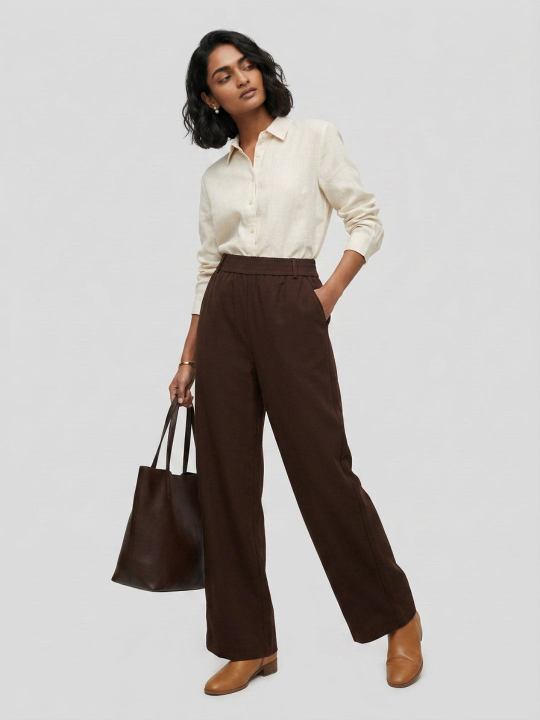 Women Trouser Straight Fit Brown High Rise