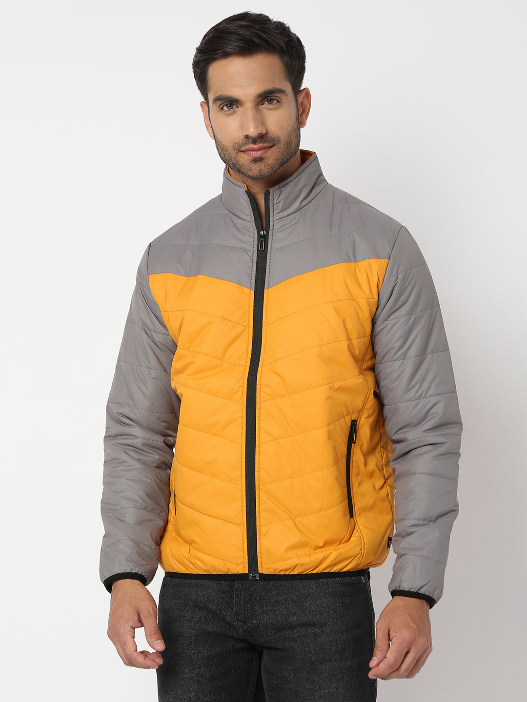 Spykar Men Grey & Mustard Nylon Regular Fit Jacket