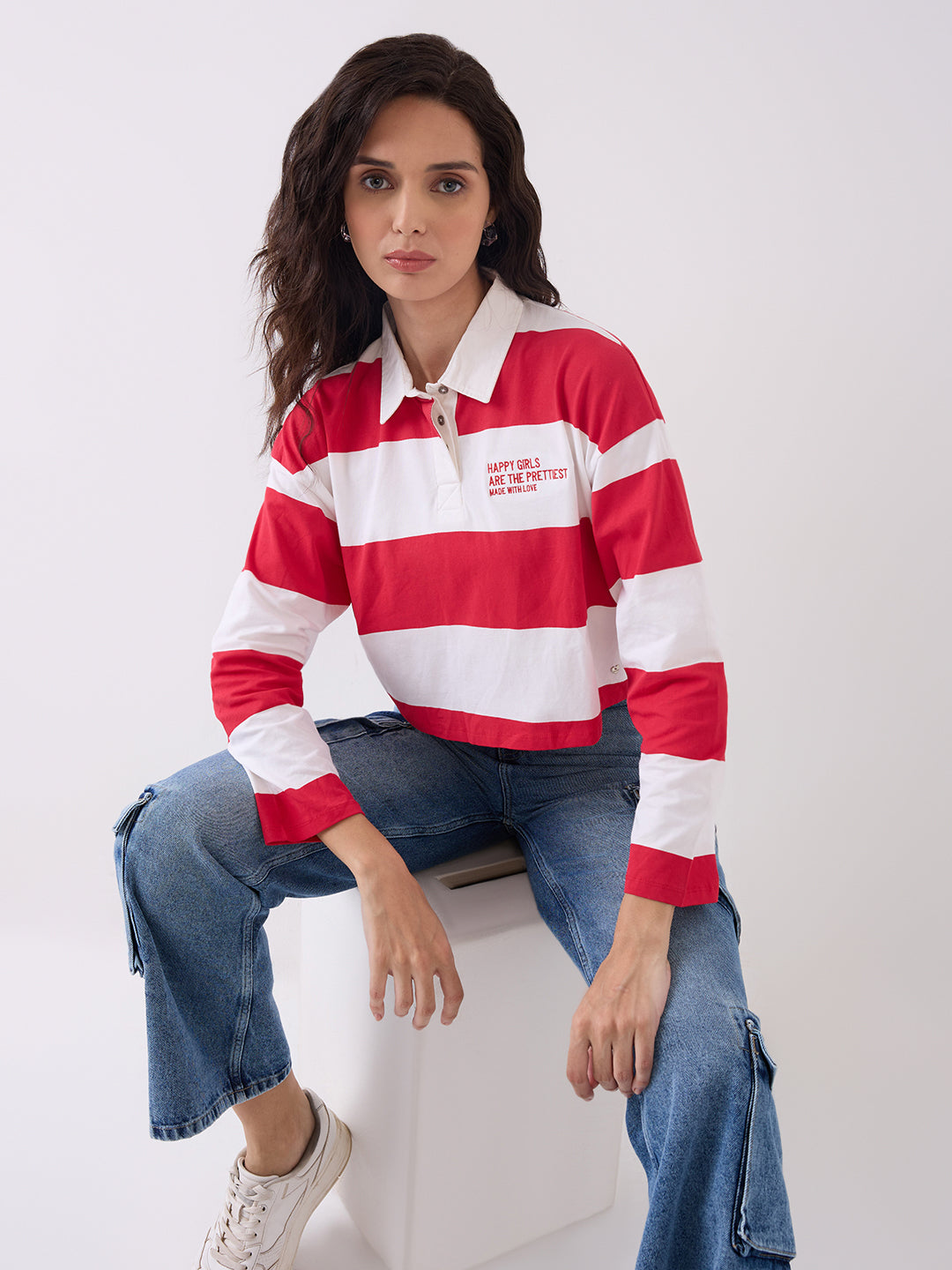 Spykar White Red Slim Fit Casual T-Shirts For Women