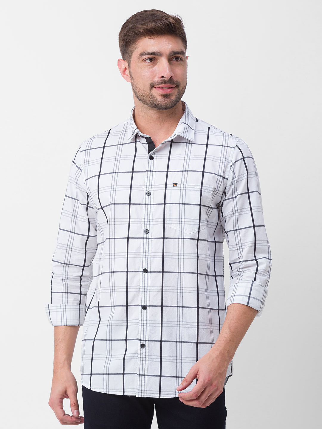 Spykar White Cotton Full Sleeve Checks Shirt For Men