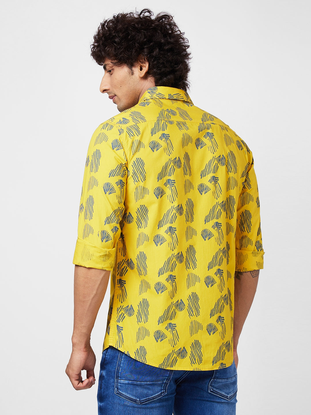 Spykar Men Sulphur Yellow Cotton Slim Fit Printed Shirt