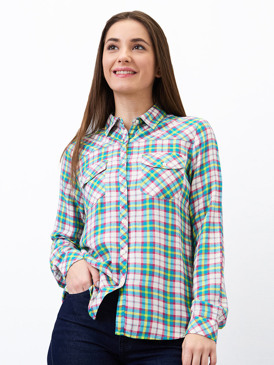 Spykar Blue Regular Fit Checkered Full Sleeve Shirt For Women