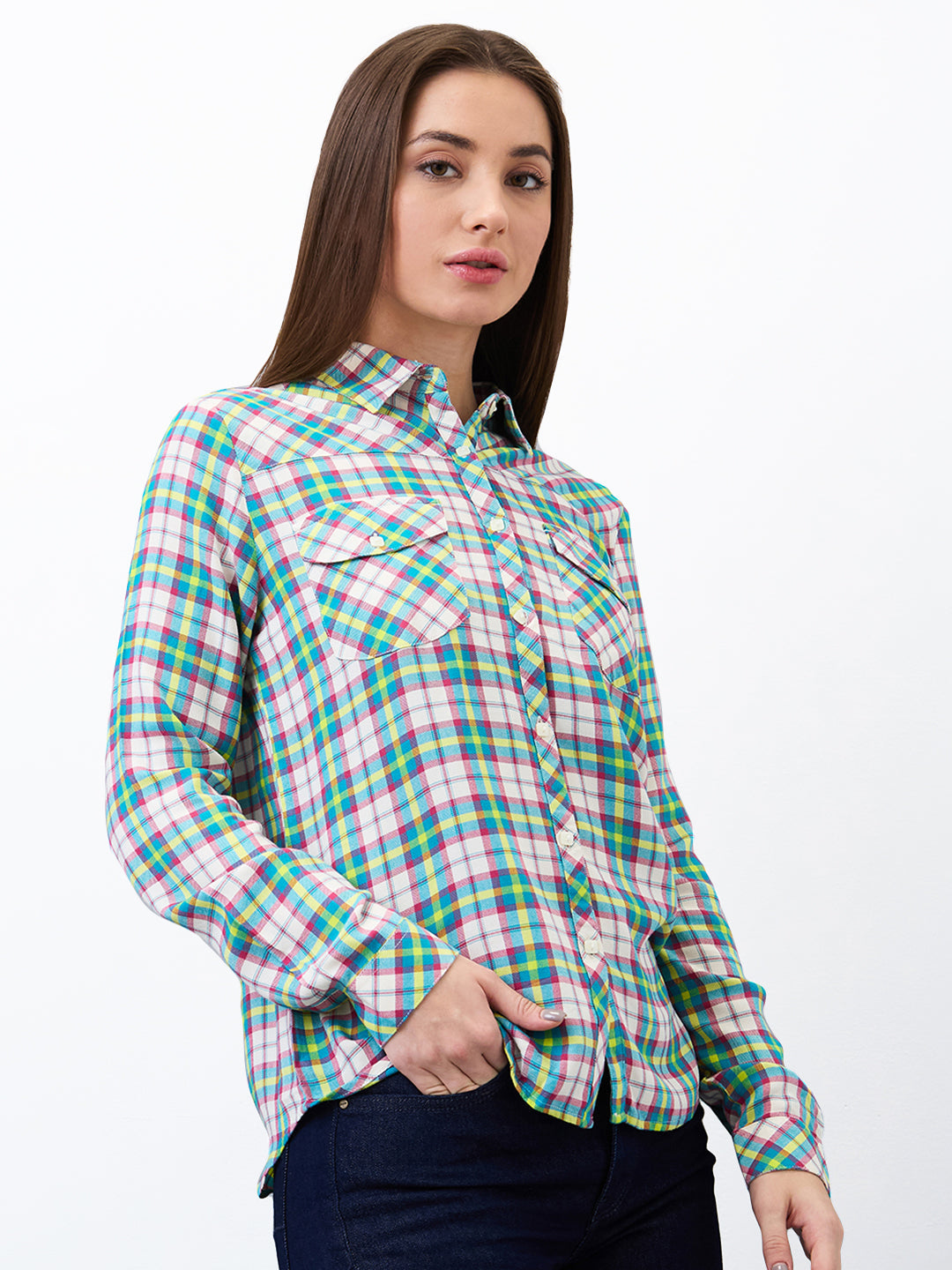 Spykar Blue Regular Fit Checkered Full Sleeve Shirt For Women