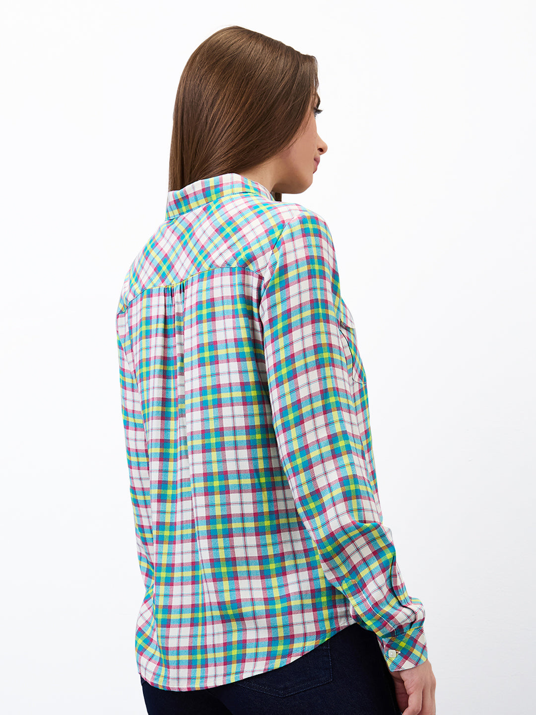 Spykar Blue Regular Fit Checkered Full Sleeve Shirt For Women