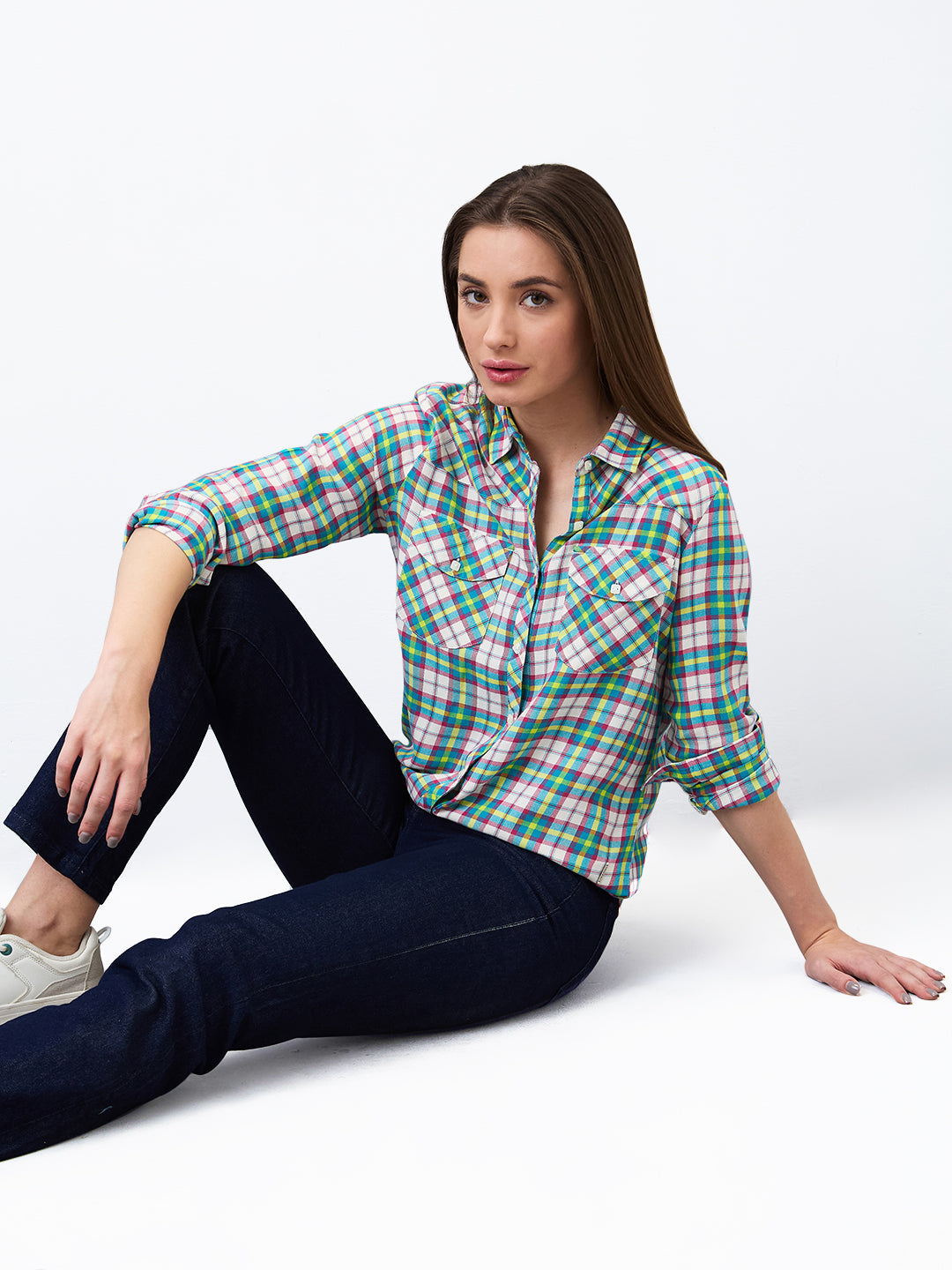 Spykar Blue Regular Fit Checkered Full Sleeve Shirt For Women