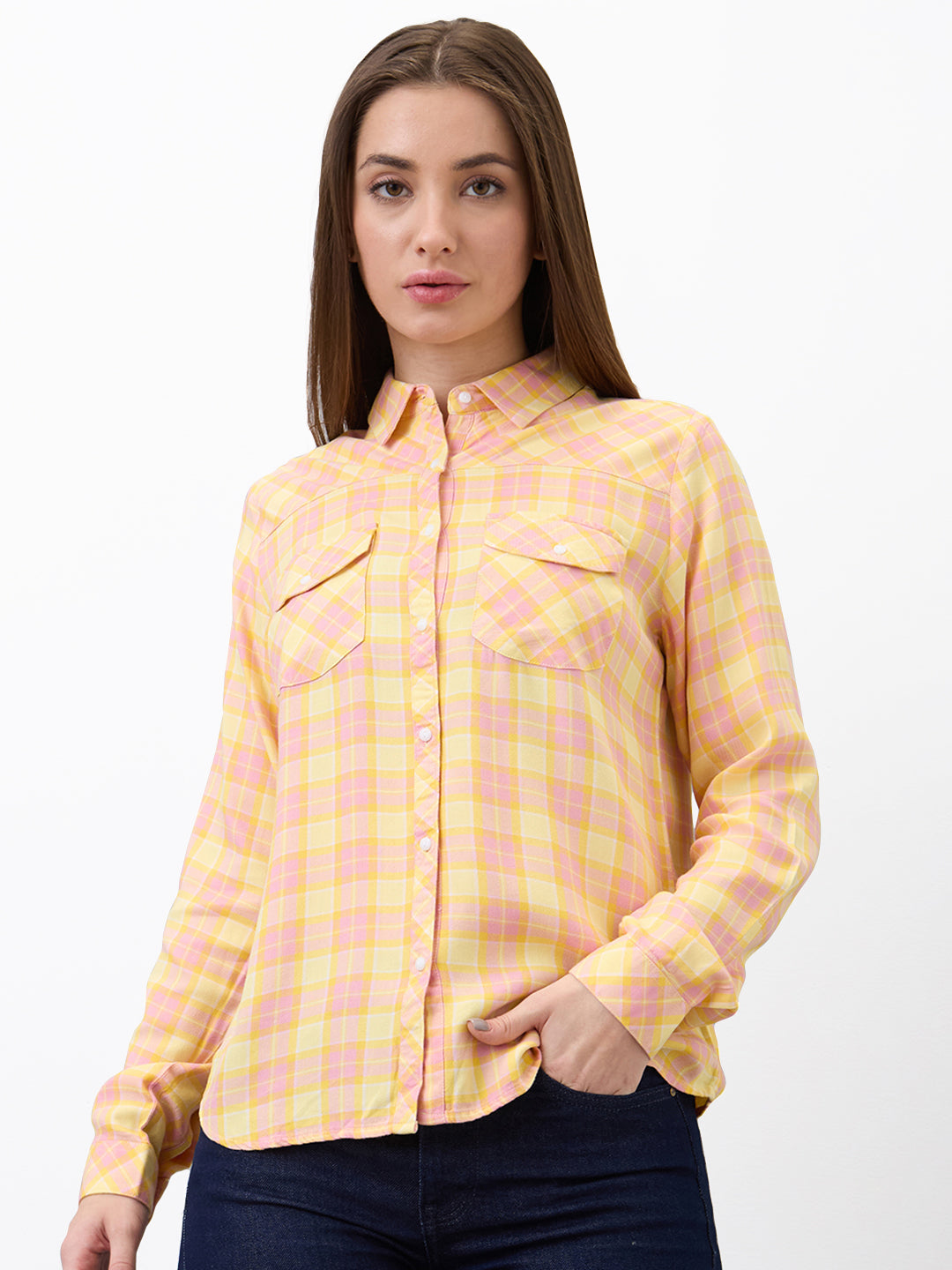 Spykar Yellow Regular Fit Checkered Full Sleeve Shirt For Women