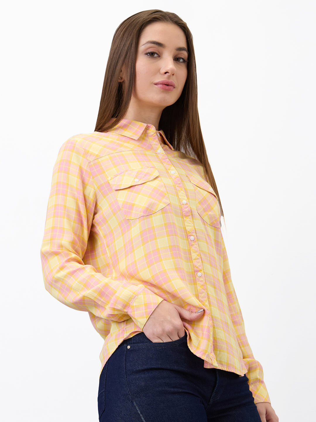 Spykar Yellow Regular Fit Checkered Full Sleeve Shirt For Women