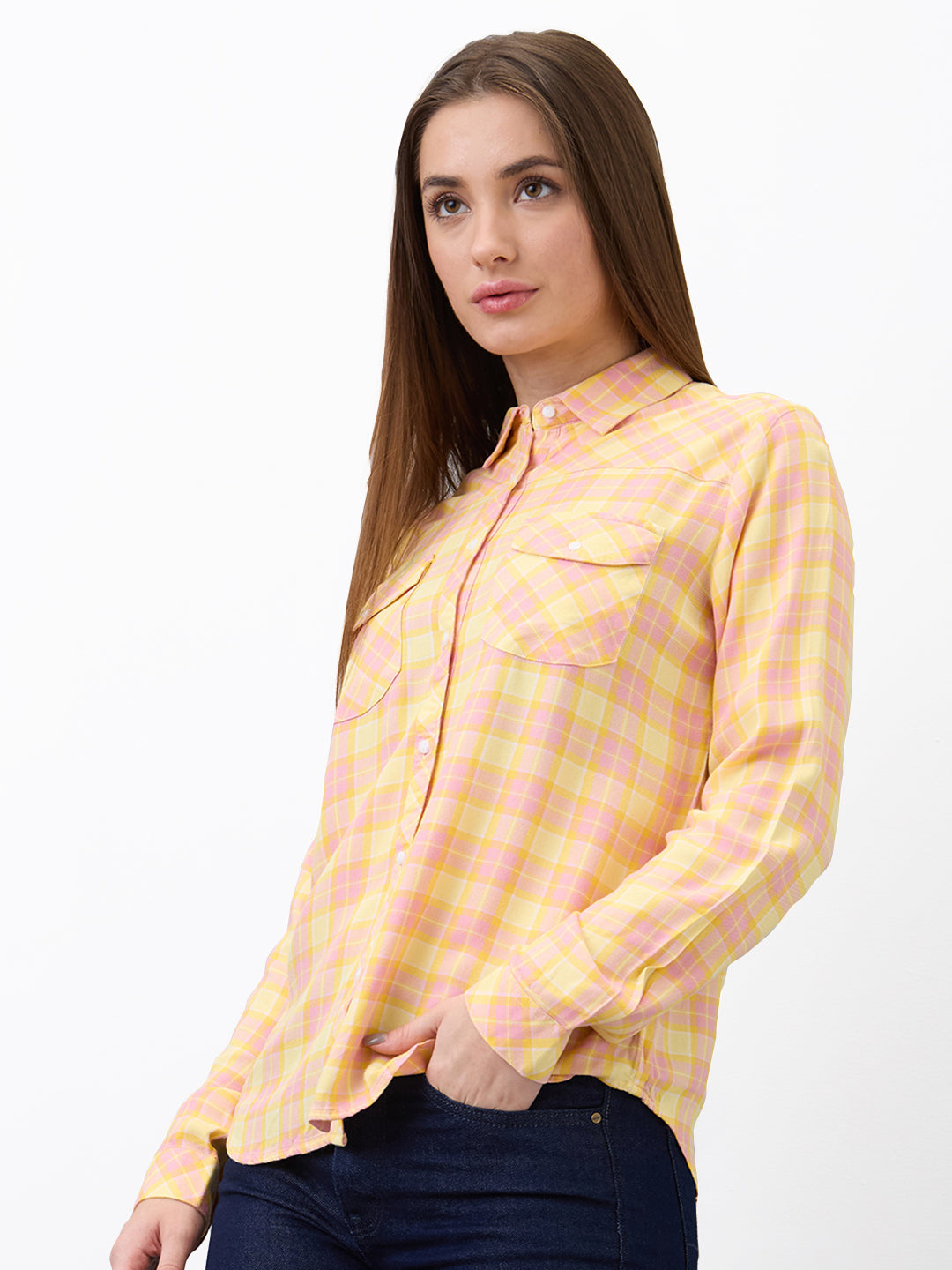 Spykar Yellow Regular Fit Checkered Full Sleeve Shirt For Women