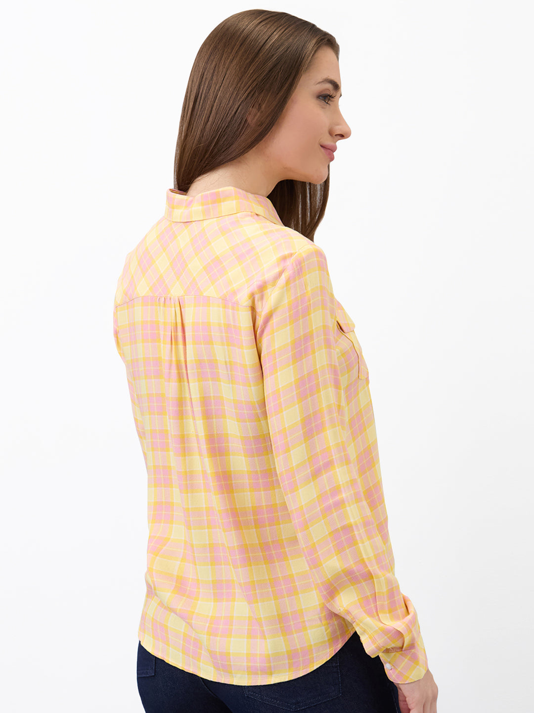 Spykar Yellow Regular Fit Checkered Full Sleeve Shirt For Women