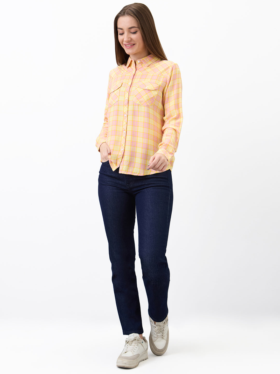 Spykar Yellow Regular Fit Checkered Full Sleeve Shirt For Women