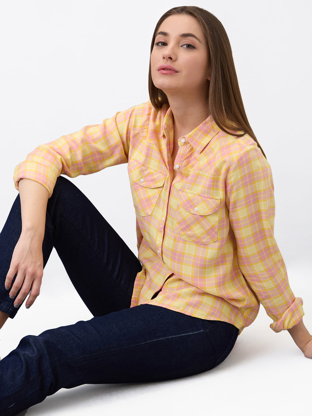 Spykar Yellow Regular Fit Checkered Full Sleeve Shirt For Women