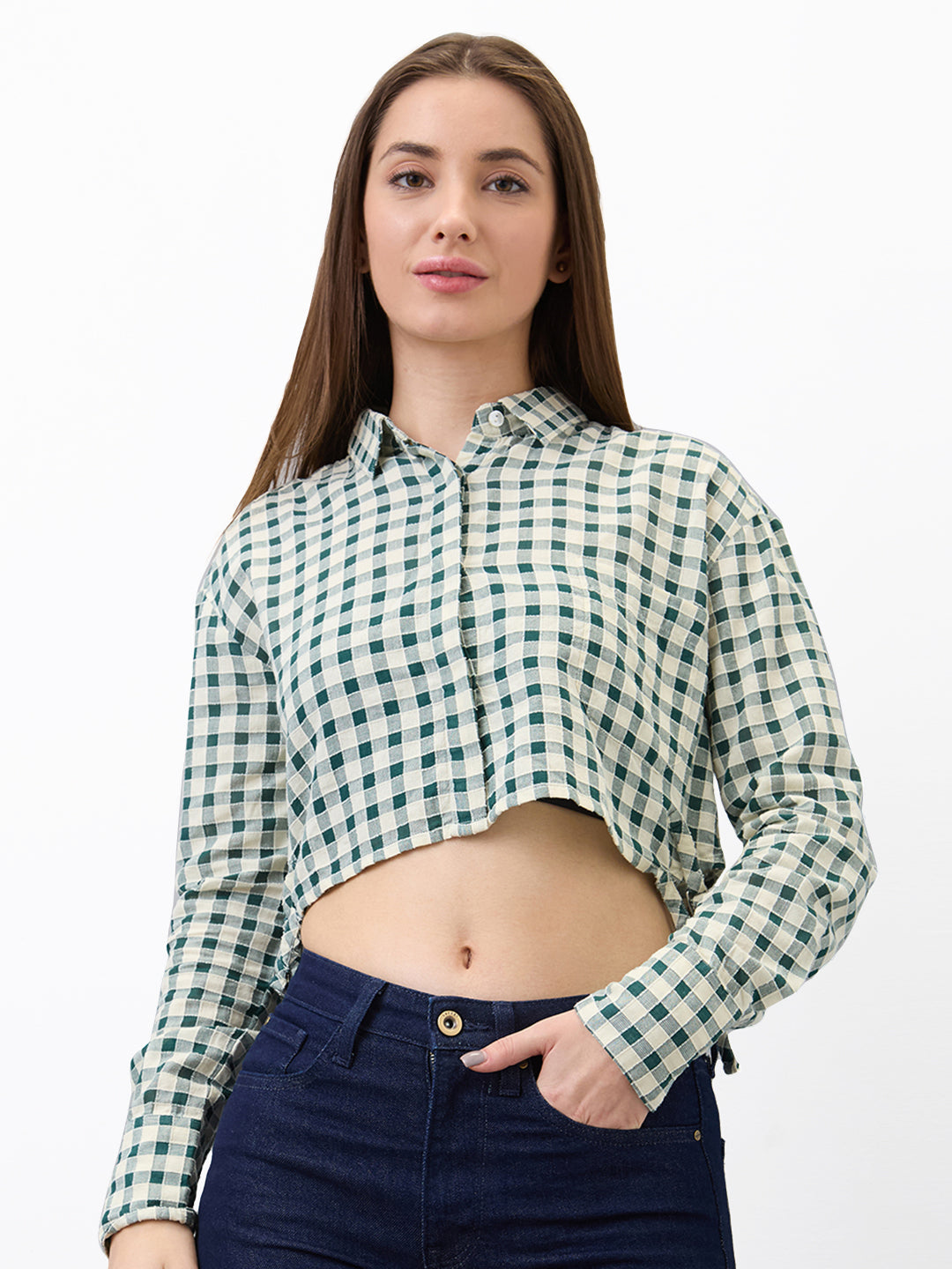 Spykar Green Regular Fit Checkered Full Sleeve Shirt For Women