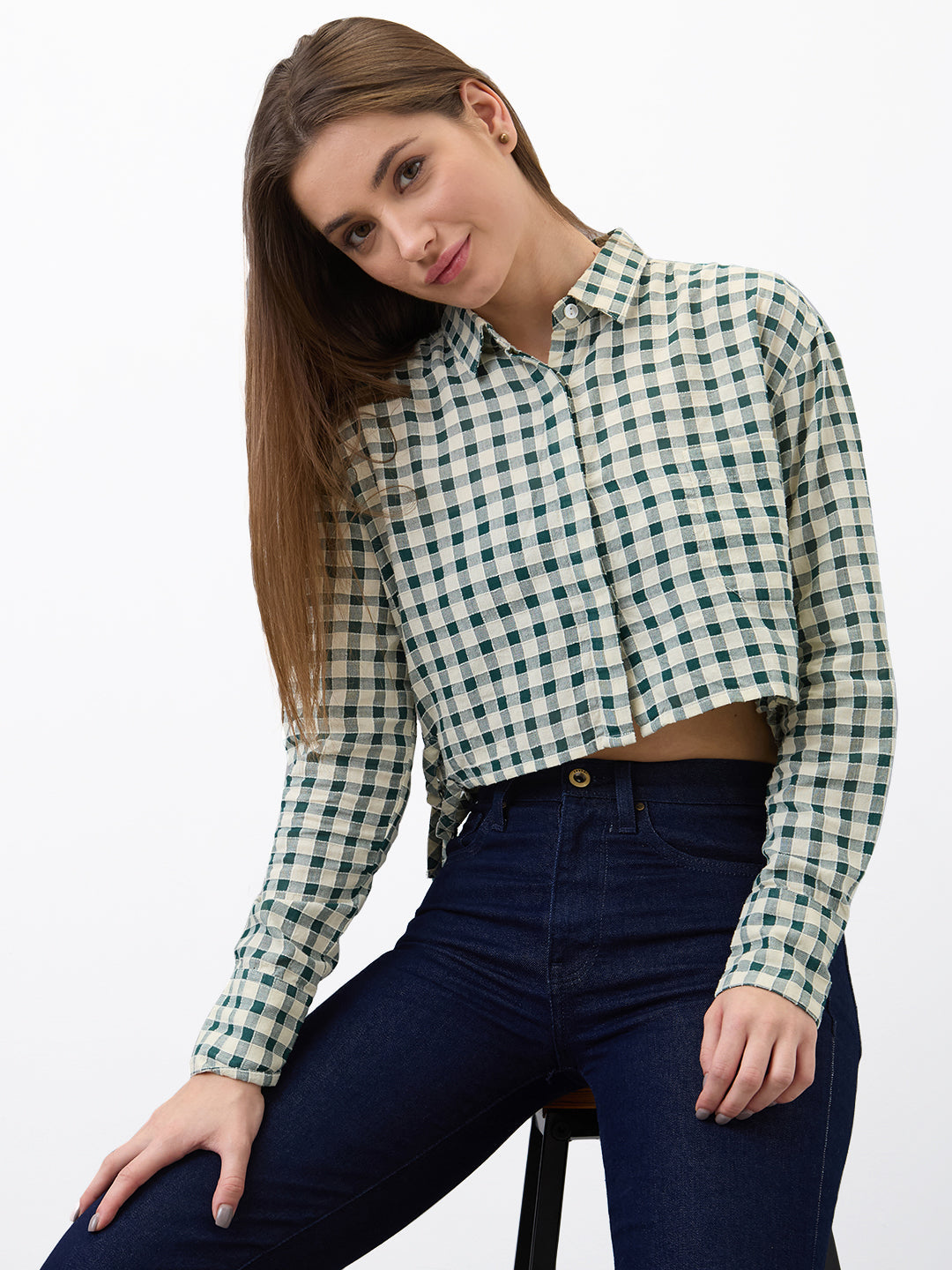 Spykar Green Regular Fit Checkered Full Sleeve Shirt For Women