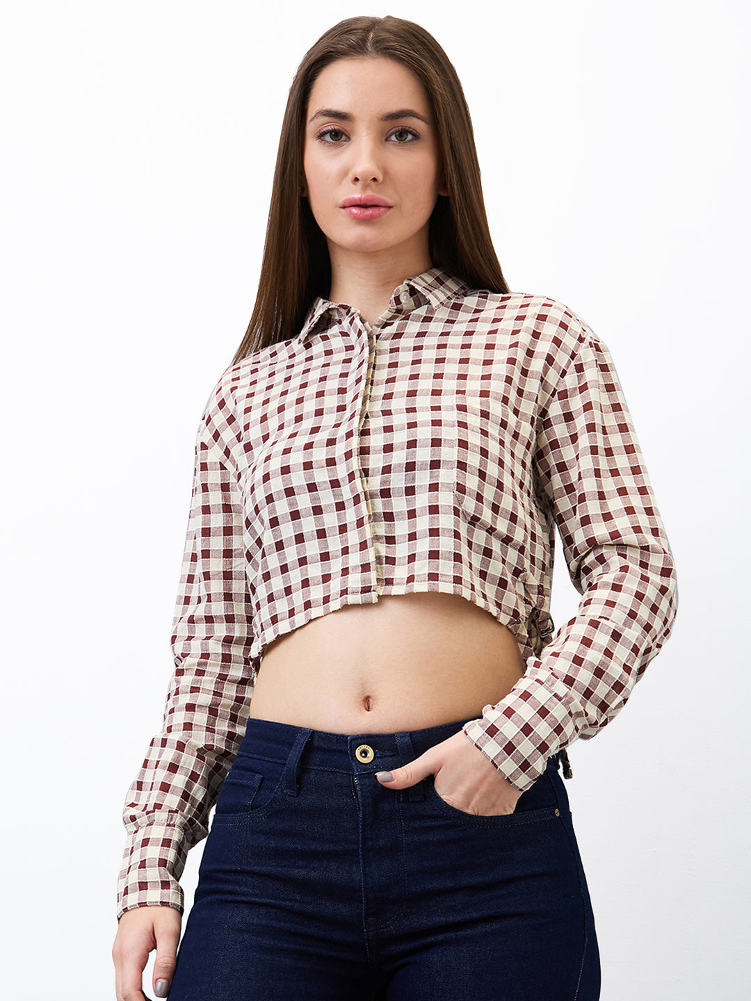 Spykar Brown Regular Fit Checkered Full Sleeve Shirt For Women