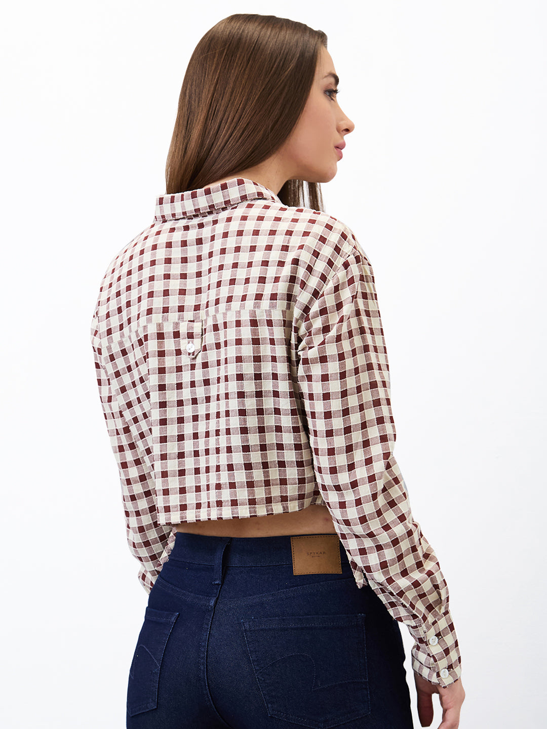 Spykar Brown Regular Fit Checkered Full Sleeve Shirt For Women