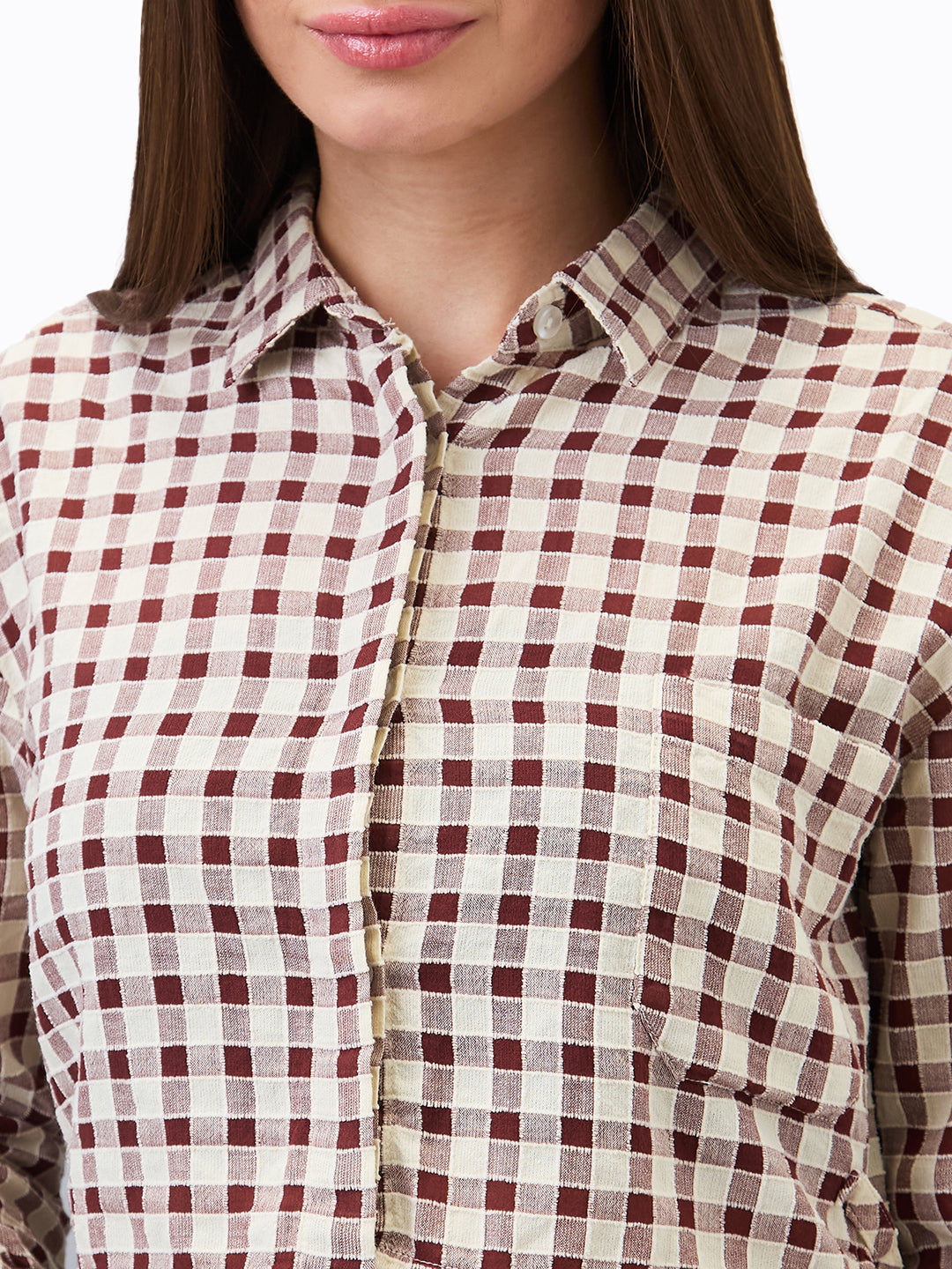 Spykar Brown Regular Fit Checkered Full Sleeve Shirt For Women