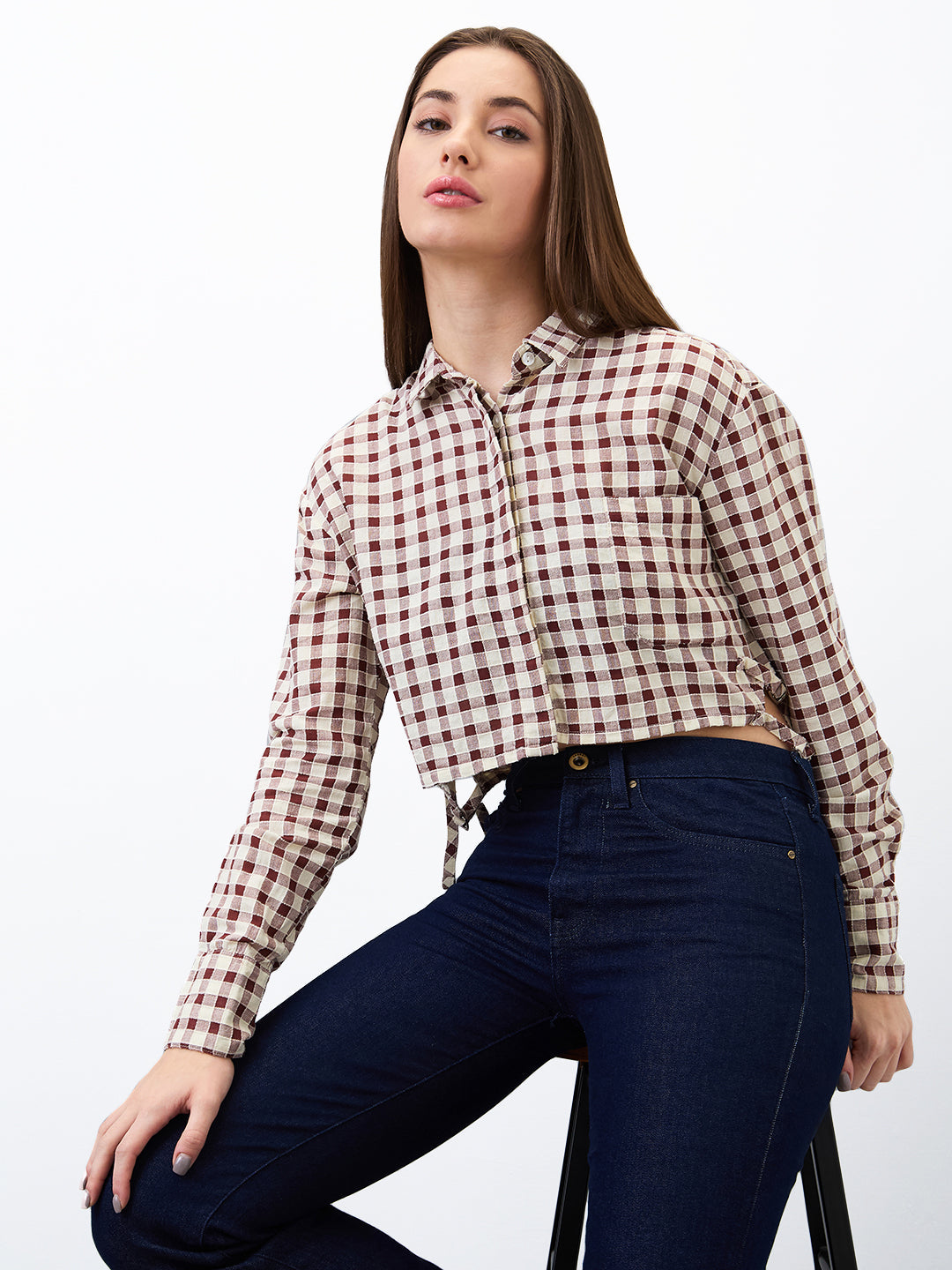 Spykar Brown Regular Fit Checkered Full Sleeve Shirt For Women