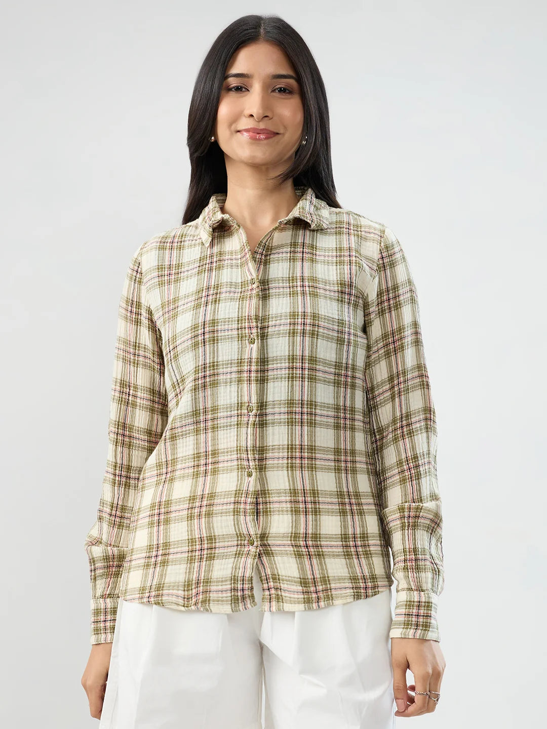 Women Shirt Check Green Regular Fit