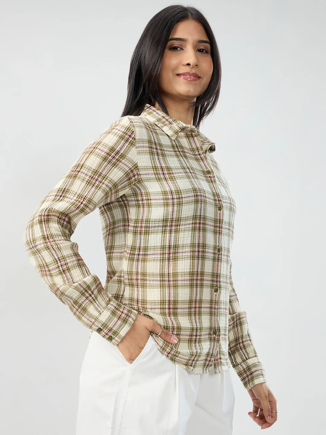 Women Shirt Check Green Regular Fit