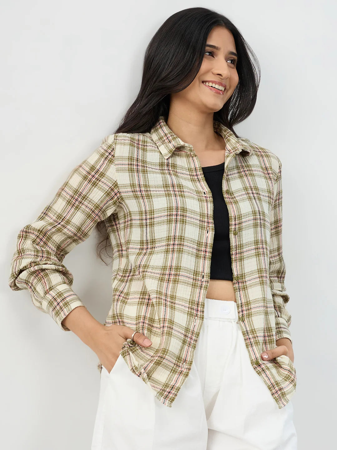 Women Shirt Check Green Regular Fit