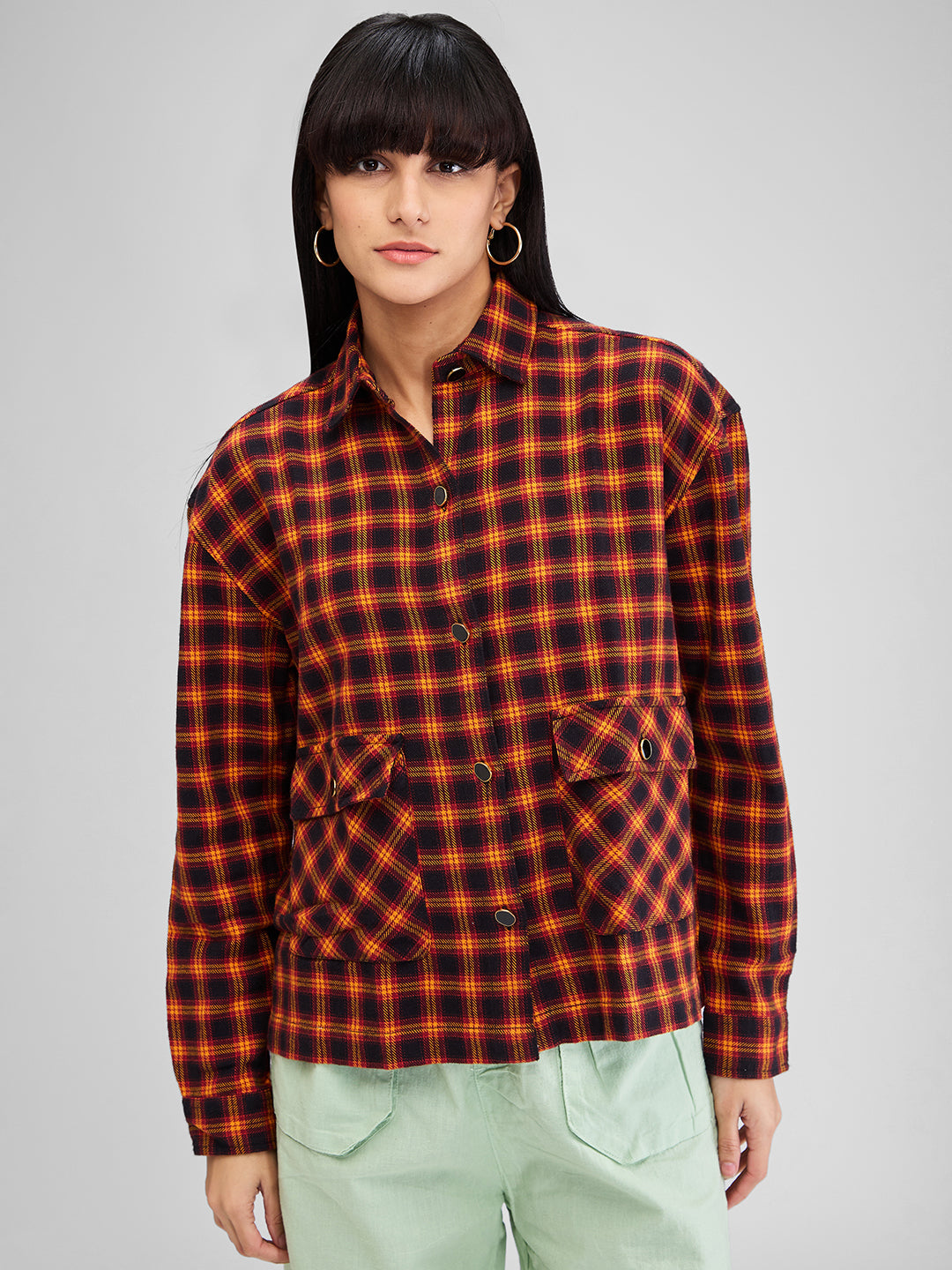 Spykar Yellow Boxy Fit Checks Full Sleeves Shirt For Women