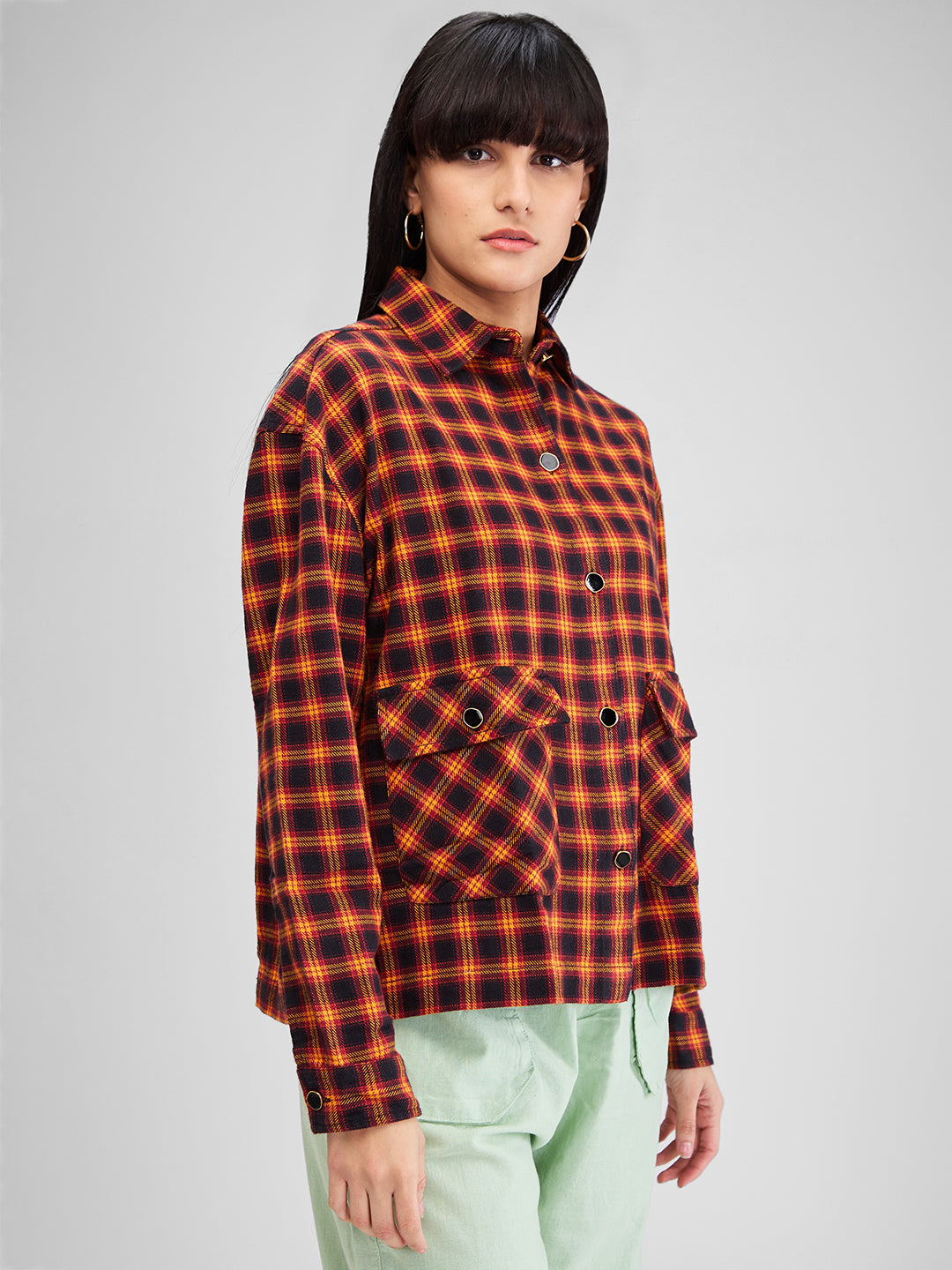 Spykar Yellow Boxy Fit Checks Full Sleeves Shirt For Women