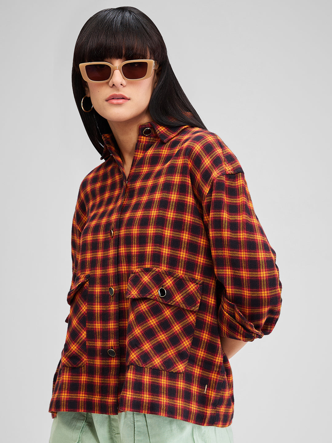 Spykar Yellow Boxy Fit Checks Full Sleeves Shirt For Women