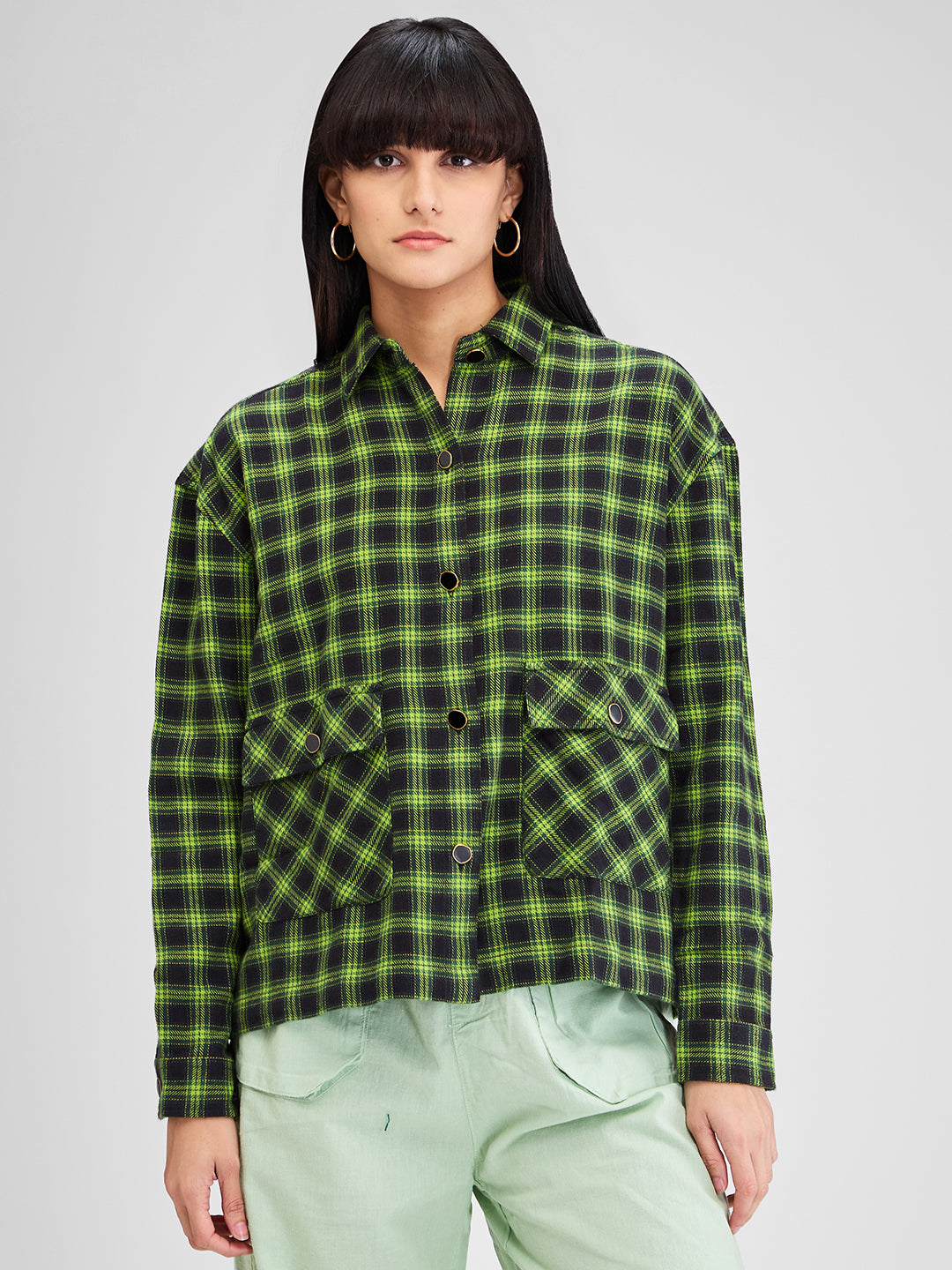 Spykar Yellow Boxy Fit Checks Full Sleeves Shirt For Women