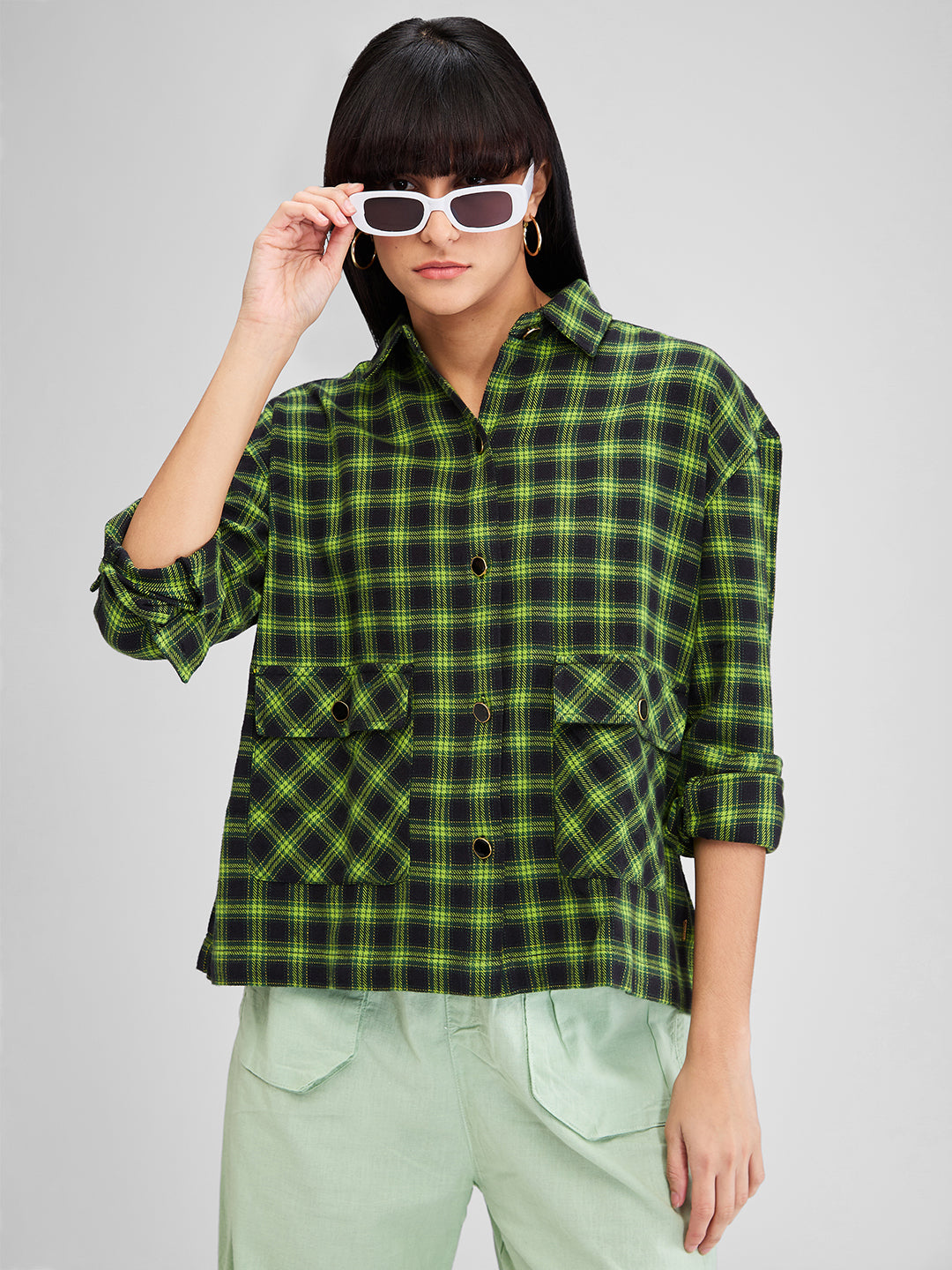 Spykar Yellow Boxy Fit Checks Full Sleeves Shirt For Women