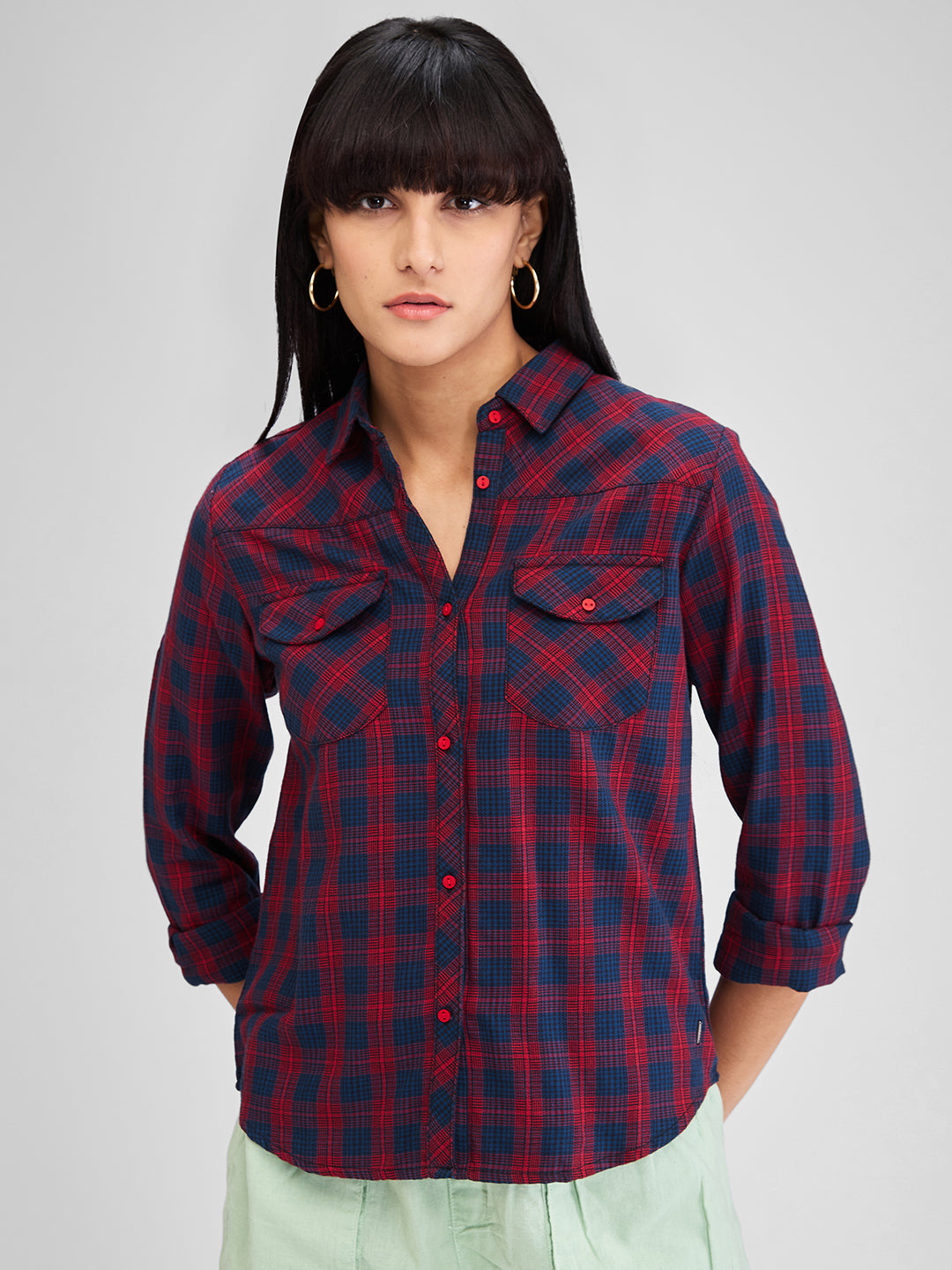 Spykar Red Regular Fit Checks Full Sleeves Shirt For Women