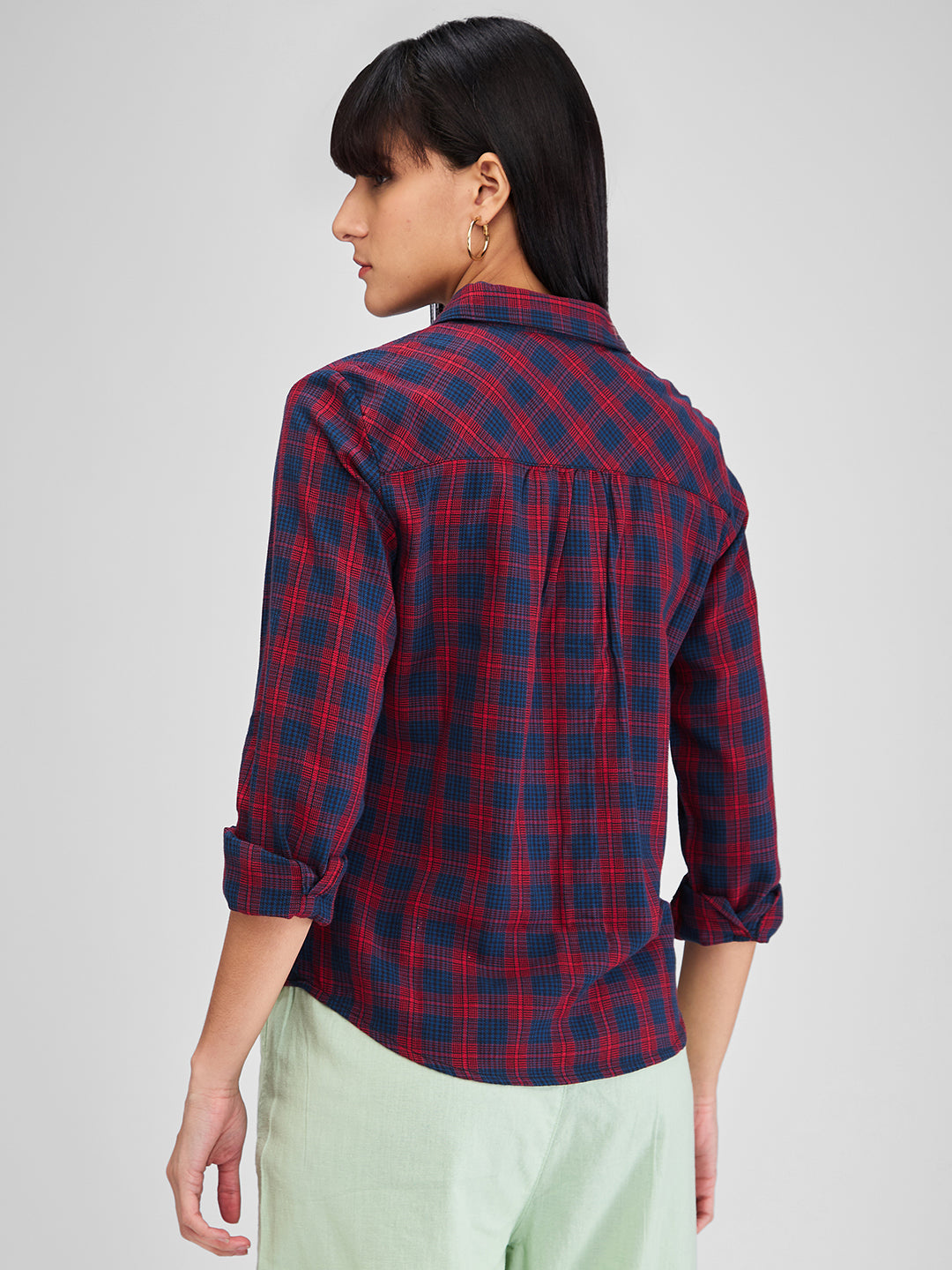 Spykar Red Regular Fit Checks Full Sleeves Shirt For Women