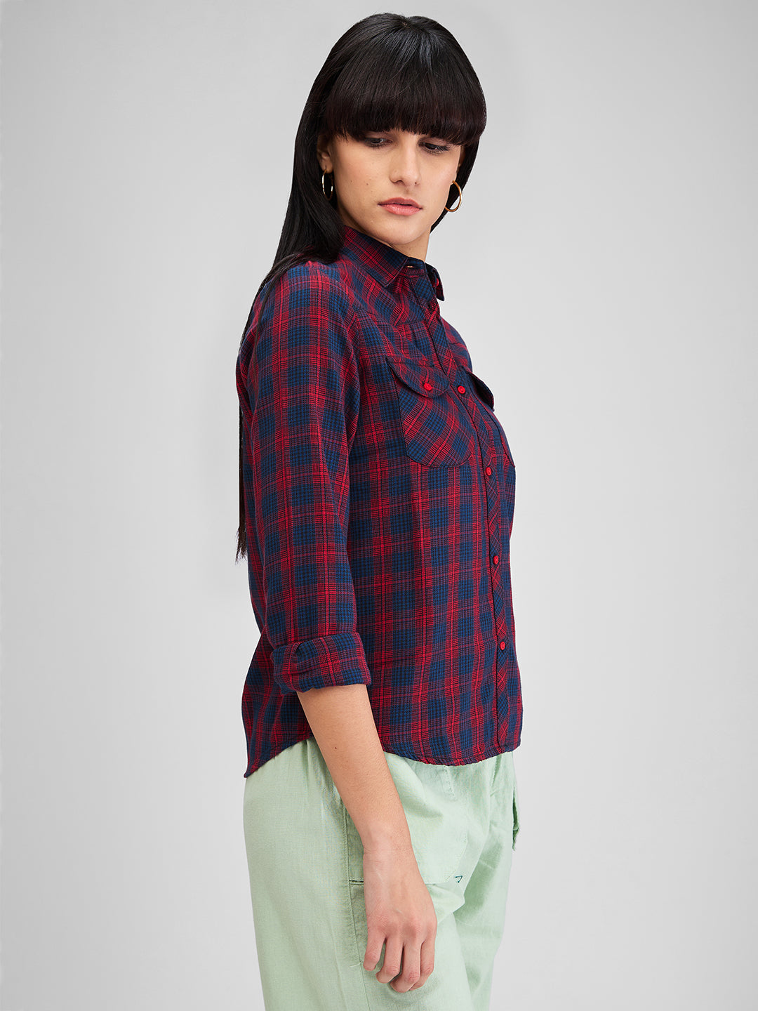 Spykar Red Regular Fit Checks Full Sleeves Shirt For Women