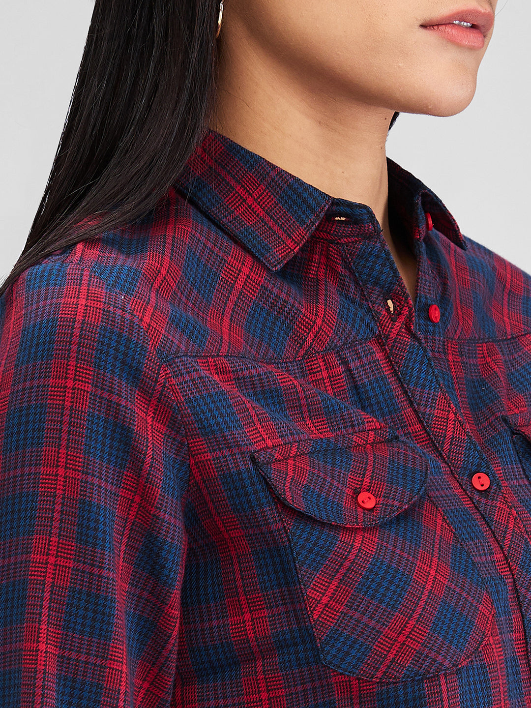 Spykar Red Regular Fit Checks Full Sleeves Shirt For Women