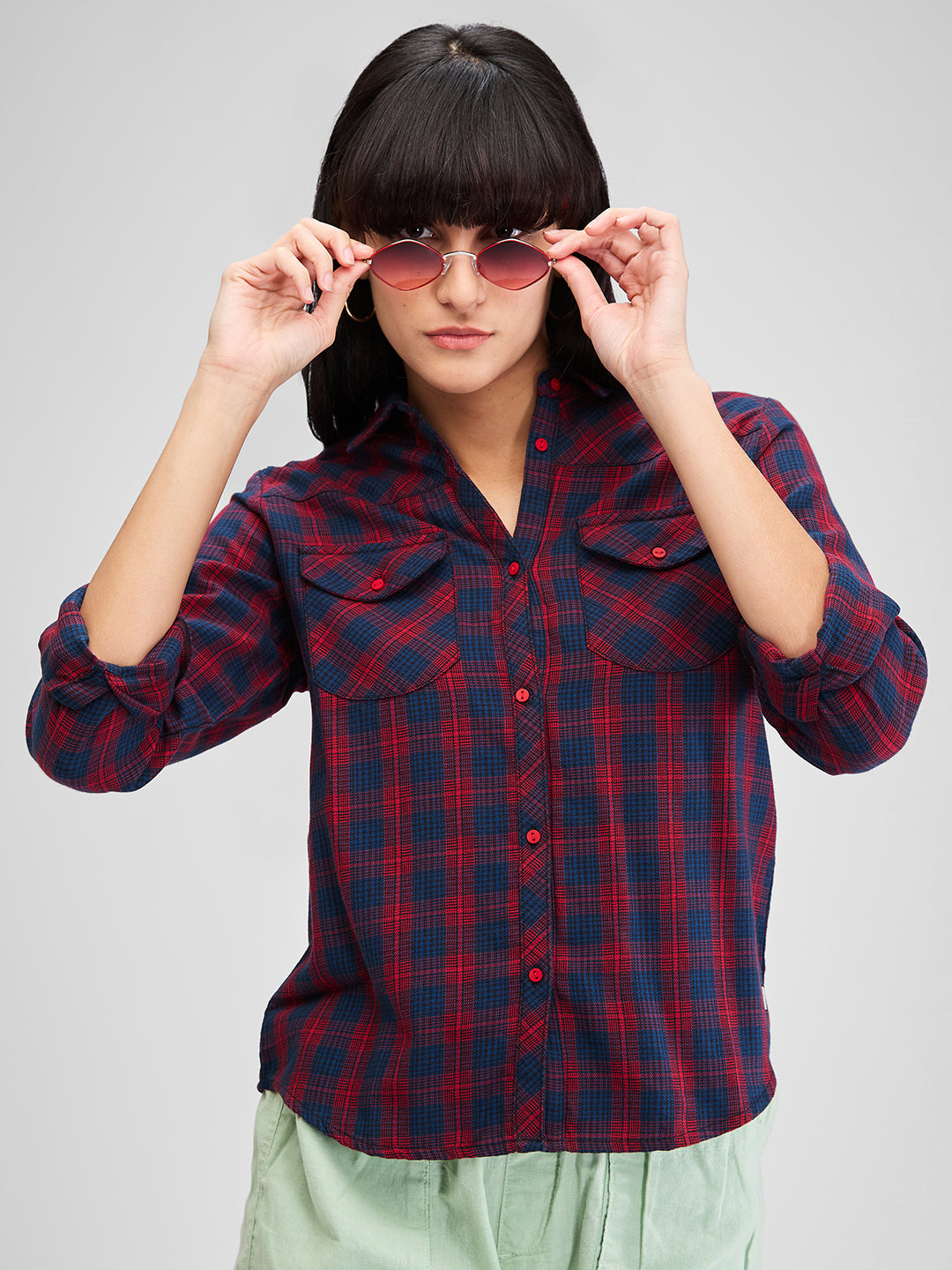 Spykar Red Regular Fit Checks Full Sleeves Shirt For Women