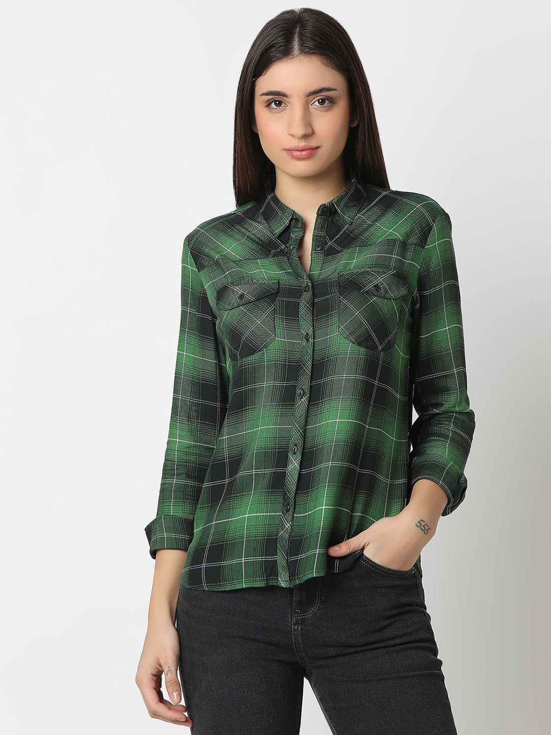 Spykar Forest Green Regular Fit Full Sleeves Shirt For Women