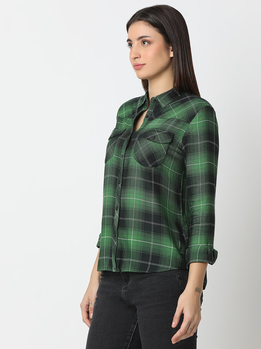 Spykar Forest Green Regular Fit Full Sleeves Shirt For Women