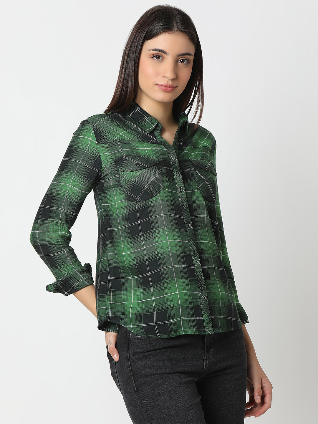 Spykar Forest Green Regular Fit Full Sleeves Shirt For Women