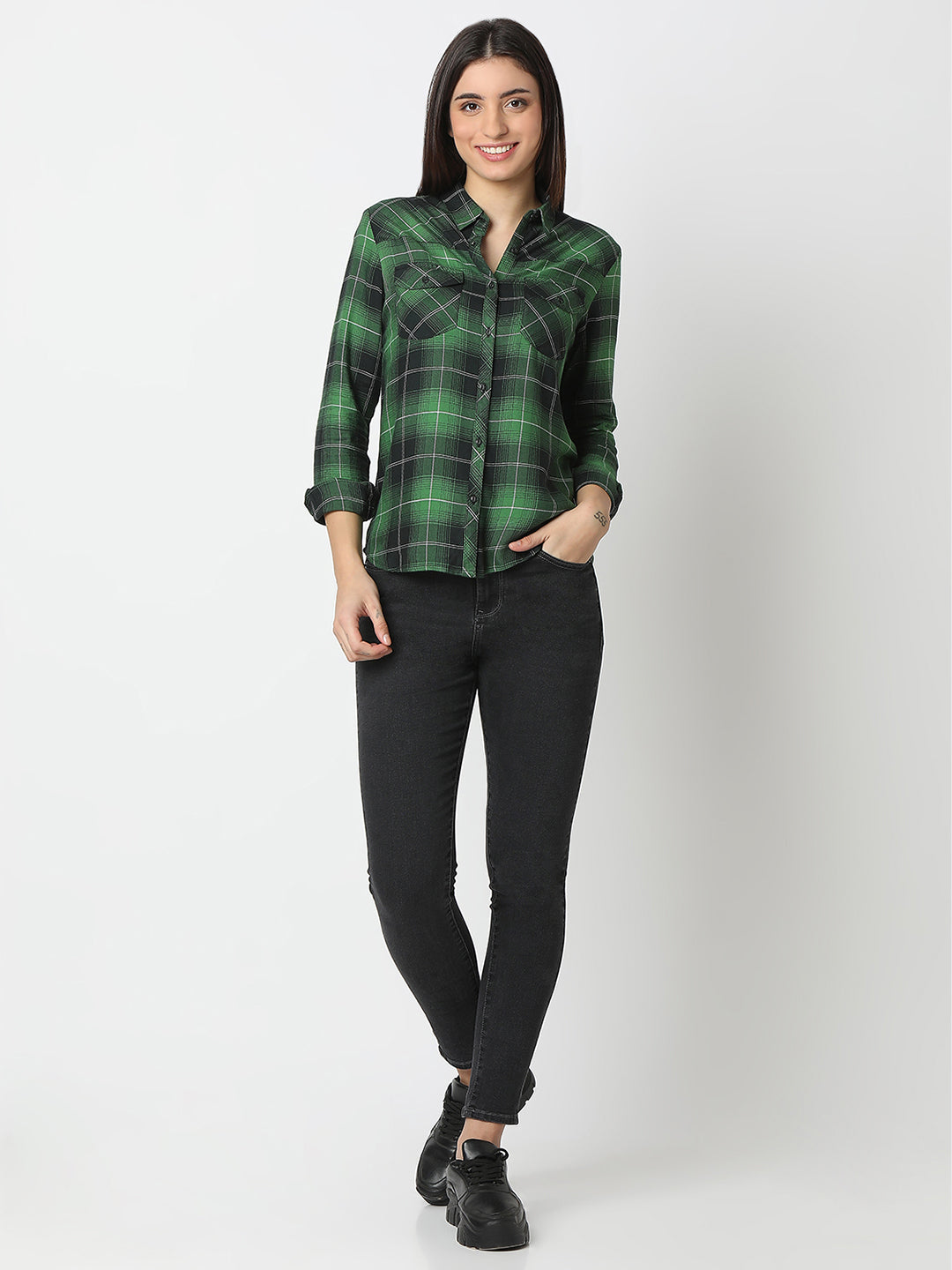 Women Shirt Check Green Regular Fit