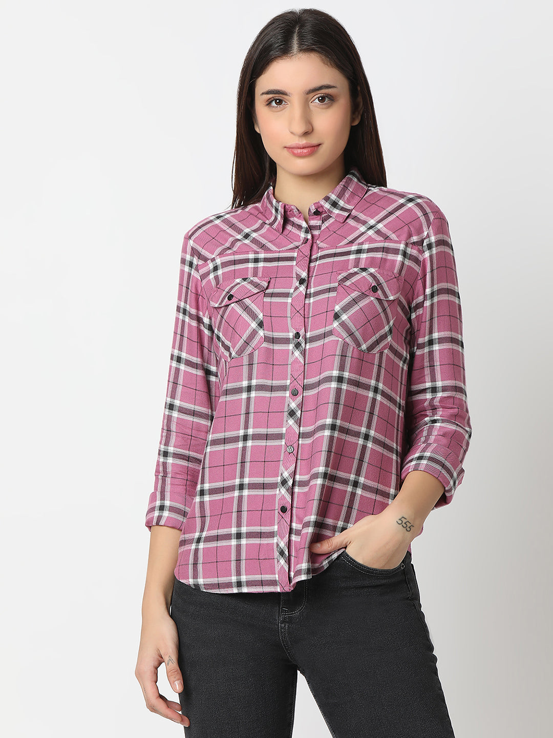 Women Shirt Check Pink Regular Fit