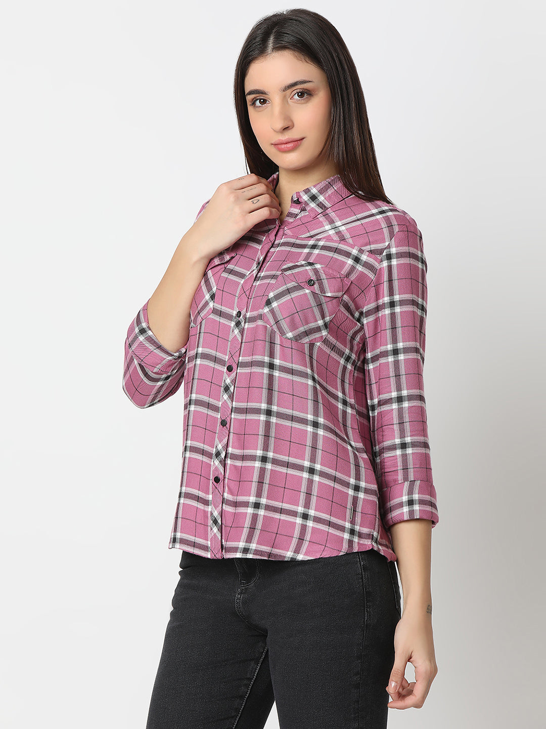 Women Shirt Check Pink Regular Fit