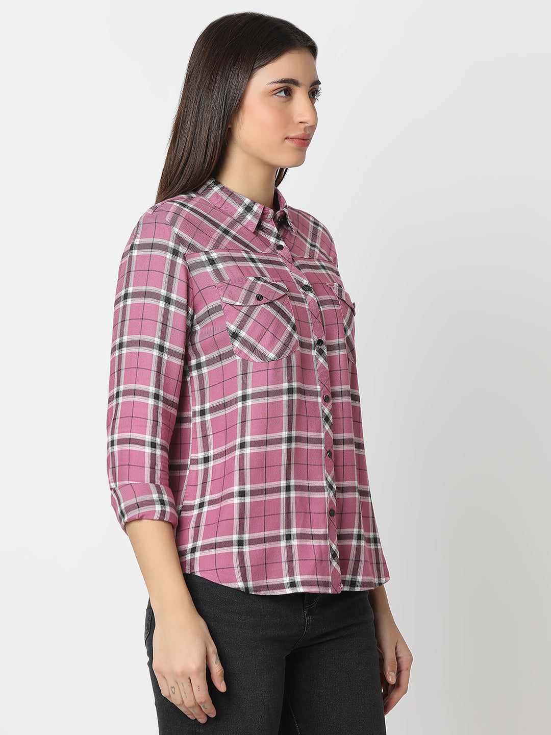 Women Shirt Check Pink Regular Fit