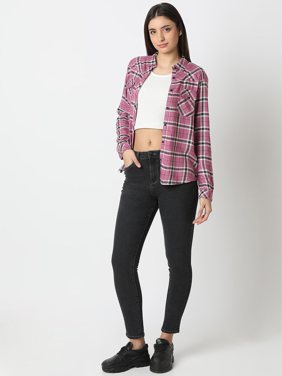 Women Shirt Check Pink Regular Fit