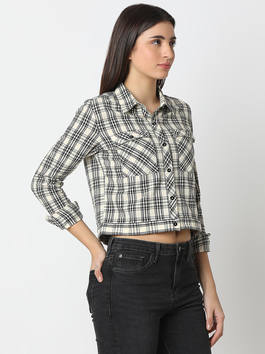 Spykar Ecru Boxy Fit Full Sleeves Shirt For Women