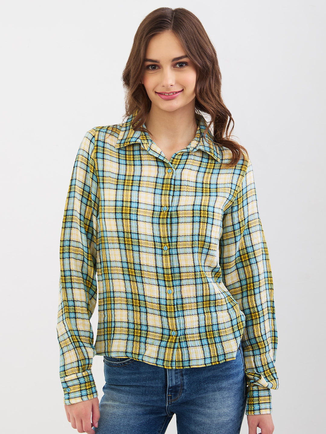 Spykar Retro Blue Regular Fit Casual Shirts For Women