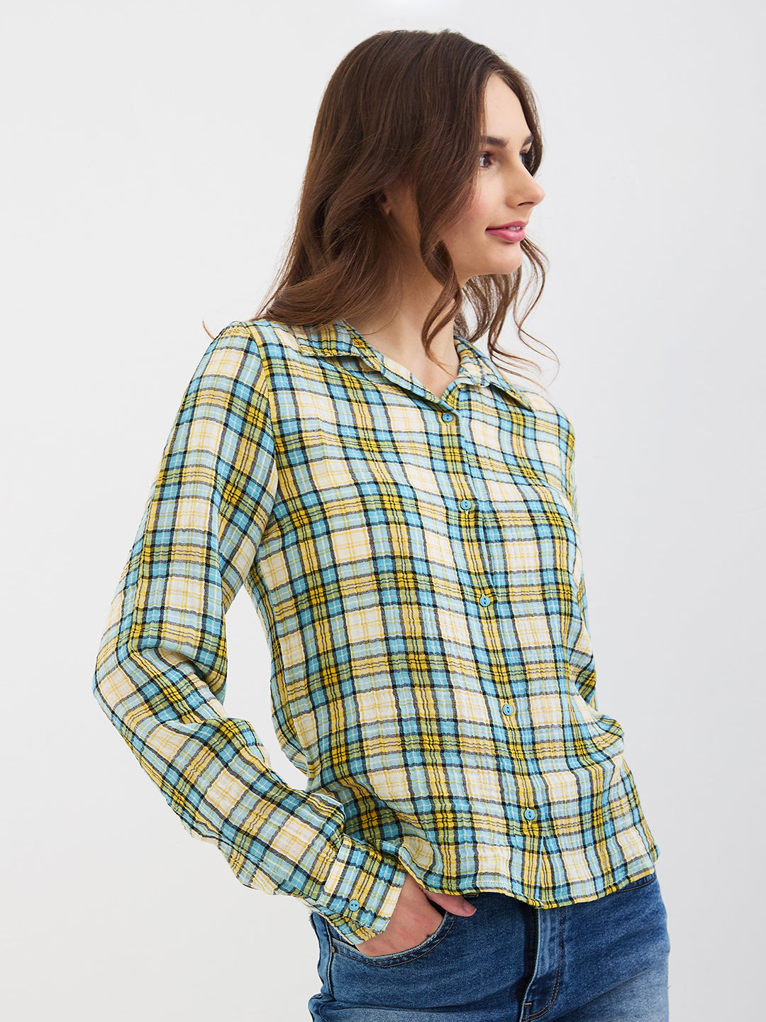 Spykar Retro Blue Regular Fit Casual Shirts For Women