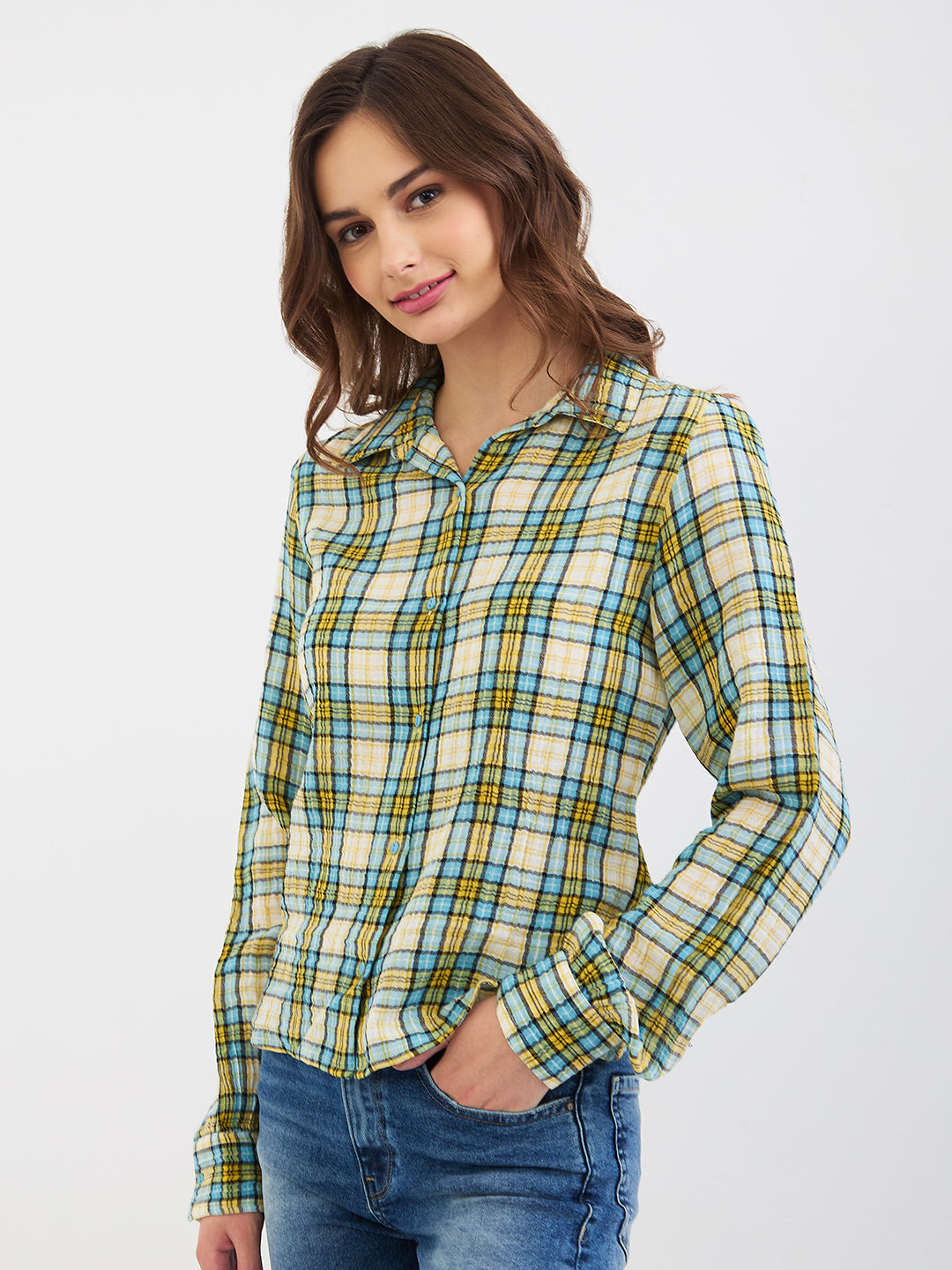 Spykar Retro Blue Regular Fit Casual Shirts For Women